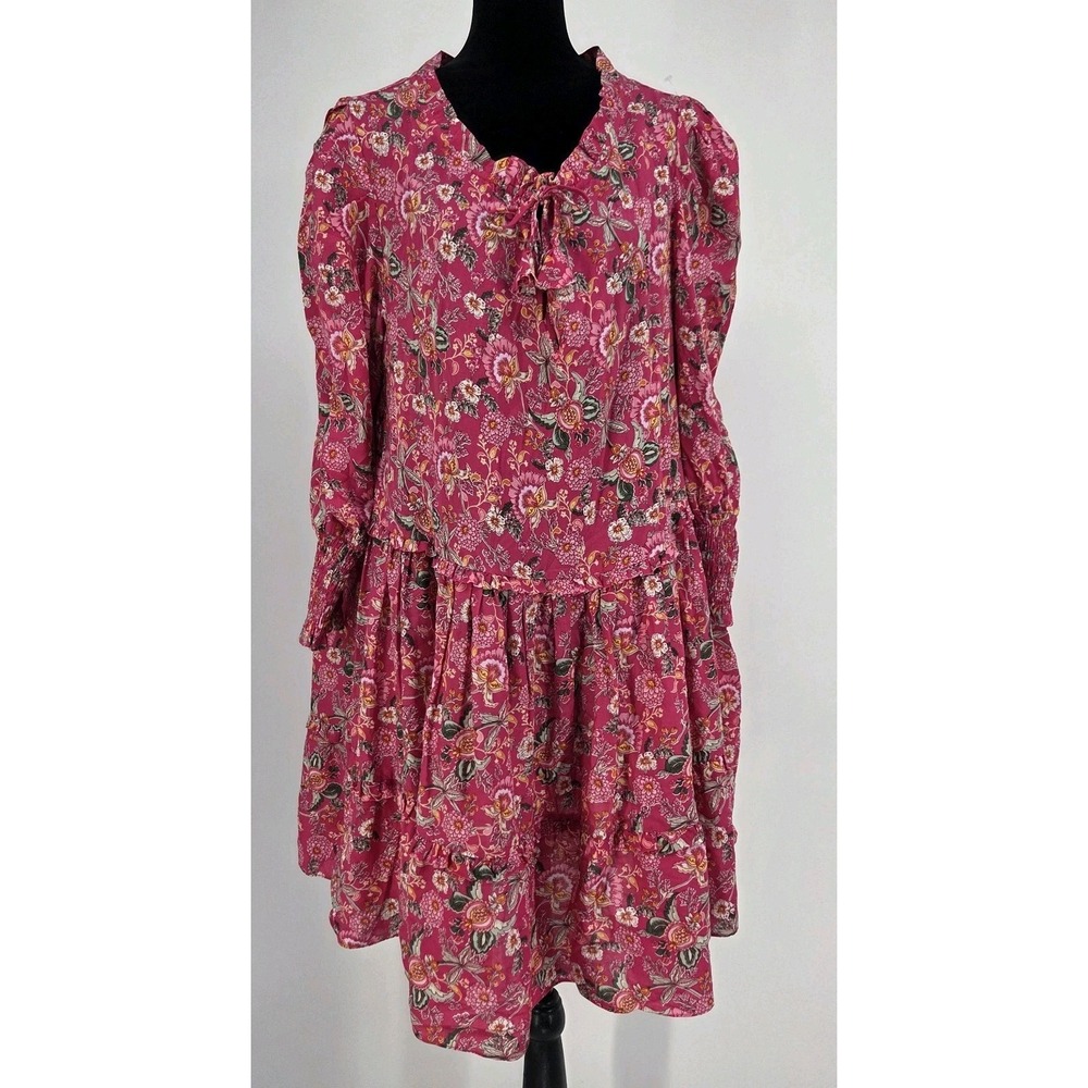 MISA Los Angeles Tiered Midi Dress XS Pink Rose Smocked Puff Sleeve